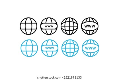 Set von www-, globe- und search bar-Elementen. Globus mit Cursorsymbolen, Browserleiste, WWW, Mauszeiger, Suche. Vektorgrafik.