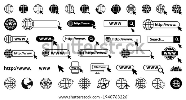 Set of www, globe and search bar elements.\
Globe with cursor icons, browser bar, WWW, mouse cursir, search.\
Vector illustration.