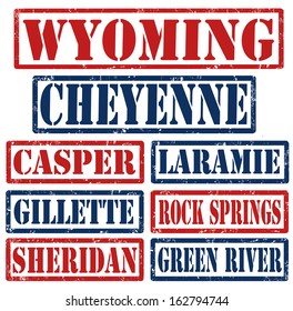 Set of Wyoming cities stamps on white background, vector illustration