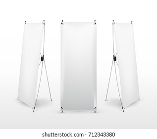 Set of X banner stand. Flip Chart for training or promotional presentation. Design template, blank pop up banner, display template for designers. Vector illustration. Isolated on white background