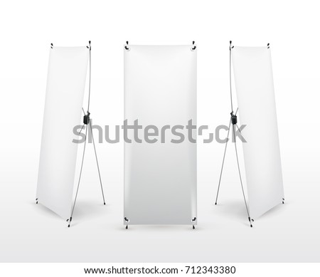 Set of X banner stand. Flip Chart for training or promotional presentation. Design template, blank pop up banner, display template for designers. Vector illustration. Isolated on white background