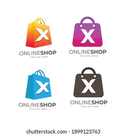 set of X letter gradation logo design templates and shopping bags, logo designs for online shop