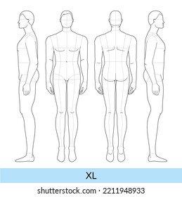 Set Of XL Size Men Fashion Template Extra Large 9 Head With Main Line Plus Size Gentlemen Model Curvy Body Figure Front, Side, Back View. Vector Boy For Fashion Design, Illustration, Technical Drawing