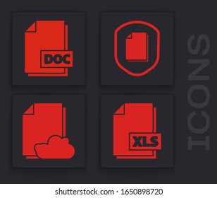 Set XLS file document, DOC file document, Document protection concept and Cloud storage text document icon. Vector