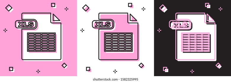 Set XLS file document. Download xls button icon isolated on pink and white, black background. Excel file symbol.  Vector Illustration