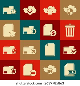 Set XLS file document, Document folder and check mark, Trash can, Cloud upload, Finance, with star, clock and  icon. Vector