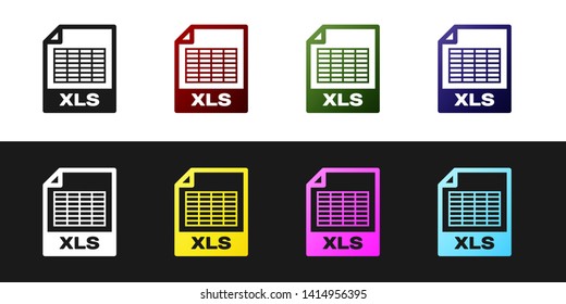 Set XLS file document icon. Download xls button icon isolated on black and white background. Excel file symbol. Vector Illustration