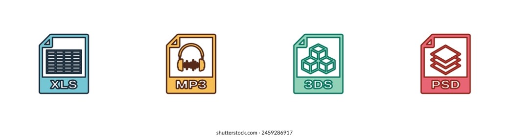 Set XLS file document, MP3, 3DS and PSD icon. Vector