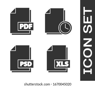 Set XLS file document, PDF file document, PSD file document and Document with clock icon. Vector