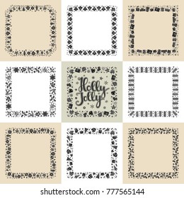 Set of Xmas black and white greeting frames in Scandinavian style. Holly Jolly lettering. Square holiday design for greeting card, postcard, invitation and banner. Vector illustration.