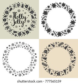 Set of Xmas black and white greeting frames in Scandinavian style. Holly Jolly lettering. Round holiday design for greeting card, postcard, invitation and banner. Vector illustration.