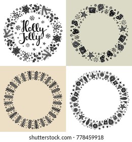 Set of Xmas black and white greeting frames in Scandinavian style. Holly Jolly lettering. Round holiday design for greeting card, postcard, invitation and banner. Vector illustration.