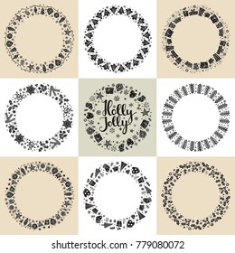 Set of Xmas black and white greeting frames in Scandinavian style. Holly Jolly lettering. Round holiday design for greeting card, postcard, invitation and banner. Vector illustration.
