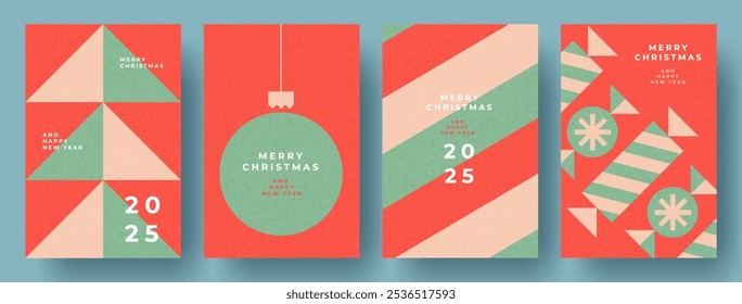 Set of Xmas card, banner, cover, poster in retro geometric minimalist style with simple shapes of Christmas tree, ball, candies. Merry Christmas and Happy New Year 2025 posters design templates