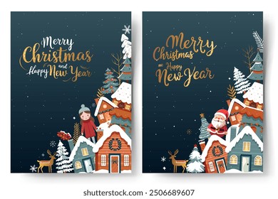 Set of xmas cards, frames with scandi houses, trees and golden lettering. Concept christmas and New Year. Winter poster