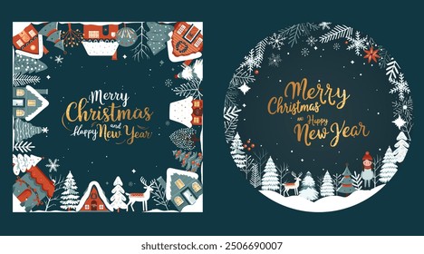 Set of xmas cards, frames with scandi houses, trees, golden lettering. Concept christmas and New Year. Winter poster