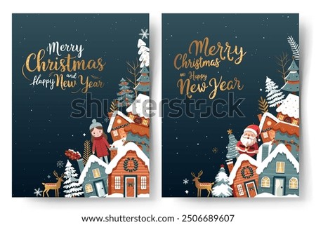 Set of xmas cards, frames with scandi houses, trees and golden lettering. Concept christmas and New Year. Winter poster