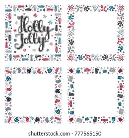 Set of Xmas colored greeting frames in Scandinavian style. Holly Jolly lettering. Square holiday design for greeting card, postcard, invitation and banner. Vector illustration.