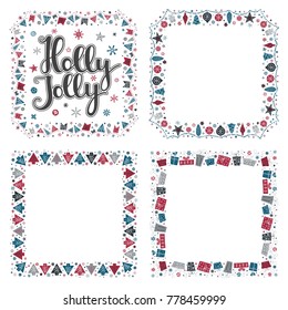 Set of Xmas colored greeting frames in Scandinavian style. Holly Jolly lettering. Square holiday design for greeting card, postcard, invitation and banner. Vector illustration.