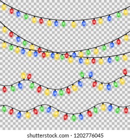 Set of xmas colorful glowing garland. Christmas lights isolated on transparent background. EPS 10 vector illustration