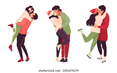 Set of Xmas couples kissing and hugging in winter outfits. Christmas time romantic activities. Men and women in love, Christmas greetings.