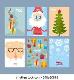Set Xmas cute cards. Beautiful congratulations new year. Tower of gifts and kind Santa Claus. Dress up Christmas tree balls and star. Background of present and snowfall. Covers for winter holiday.
