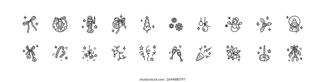 Set of xmas doodle hand drawn cute outline icons. Kids crayon scribbles. Handwriting vector illustration. Confetti, popper, festive decoration, Christmas tree, winter snow house globe, gift box bow