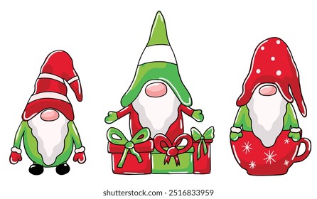 Conjunto de xmas gnome em xícara com presente de férias. Ilustração de inverno vetorial