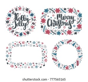Set of Xmas greeting frames in Scandinavian style. Holly Jolly and Merry Christmas lettering. Round and rectangular holiday design for greeting, postcard, invitation and banner. Vector illustration.