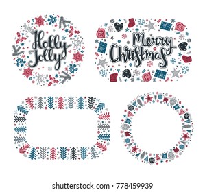 Set of Xmas greeting frames in Scandinavian style. Holly Jolly and Merry Christmas lettering. Round and rectangular holiday design for greeting, postcard, invitation and banner. Vector illustration.