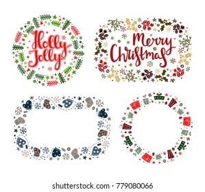 Set of Xmas greeting frames in Scandinavian style. Holly Jolly and Merry Christmas lettering. Round and rectangular holiday design for greeting, postcard, invitation and banner. Vector illustration.