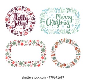 Set of Xmas greeting frames in Scandinavian style. Holly Jolly and Merry Christmas lettering. Round and rectangular holiday design for greeting, postcard, invitation and banner. Vector illustration.