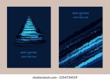 Set Xmas holiday cards dark blue. A blue neon abstract background with christmas tree. Vector christmas texture template. with  copy space.