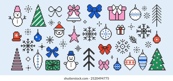 Set of xmas icons of christmas tree, present, snowman, bow, snowflake, jingle bell. Pixel art vector illustration.
