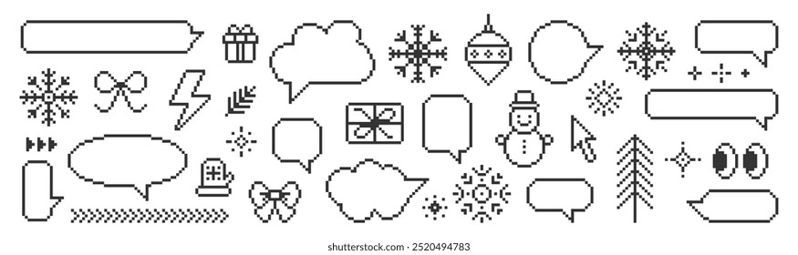 Set of xmas icons of christmas tree, present, snowman, bow, snowflake and speech bubble. Pixel art vector illustration.