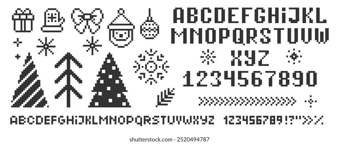 Set of xmas icons of christmas tree, present, bow, snowflake and alphabet. Pixel art vector illustration.