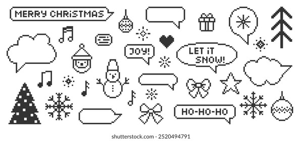 Set of xmas icons of christmas tree, present, snowman, bow, snowflake and speech bubble. Pixel art vector illustration.