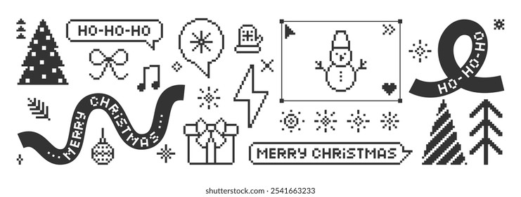 Set of xmas icons of christmas tree, present, snowman,arrow. Pixel art vector illustration.