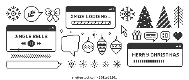 Set of xmas icons of christmas tree, present, bow, snowflake and elements of interface. Pixel art vector illustration.