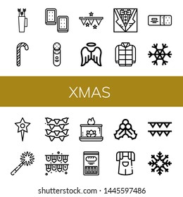 Set of xmas icons such as Bow, Candy canes, Cracker, Garlands, Angel, Winter, Snowflake, Star, Firework, Aromatic candle, Mistletoe, Jumper , xmas