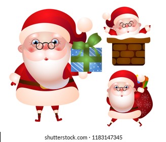 Set of xmas illustrations of Santa Claus character. Santa holds a gift box, with a bag of gifts and welcomes everyone from the chimney.