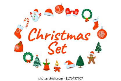 Set of XMas Isolated icon. Cartoon style. Vector Illustration for Christmas day.