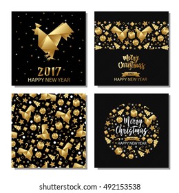 Set of Xmas and New Year golden metallic greeting cards, invitations, flyers, banners. Christmas holiday elements - star, confetti, ball, noel, rooster.  Origami paper style.