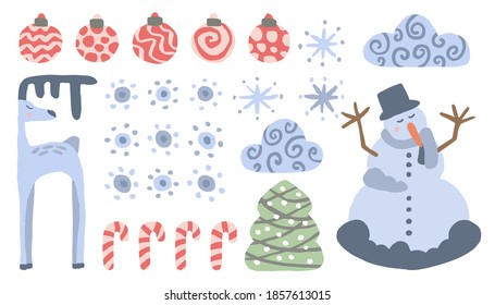 Set of Xmas objects on a white background. Balls, snowflakes, Christmas candies, spruce, clouds, snowman, deer. Cute vector illustration. Blue and red colors. Isolated objects for design.