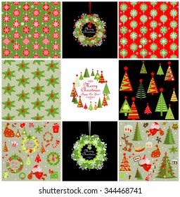 Set of xmas red and green backgrounds with snowflakes