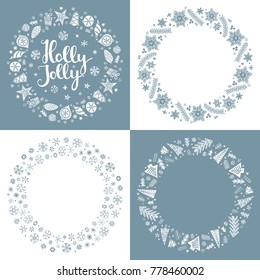 Set of Xmas repaint greeting frames in Scandinavian style. Holly Jolly lettering. Round holiday design for greeting card, postcard, invitation and banner. Vector illustration.