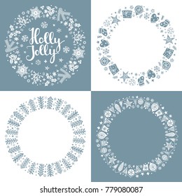 Set of Xmas repaint greeting frames in Scandinavian style. Holly Jolly lettering. Round holiday design for greeting card, postcard, invitation and banner. Vector illustration.