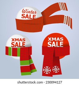 set of xmas sale labels with knitted scarf