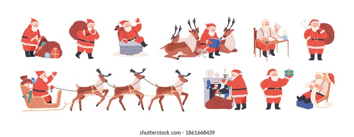 Set of xmas Santa Claus character riding reindeer sleigh, carrying bag with presents, putting gifts into merry christmas socks, writing letters. Flat vector illustration isolated on white background