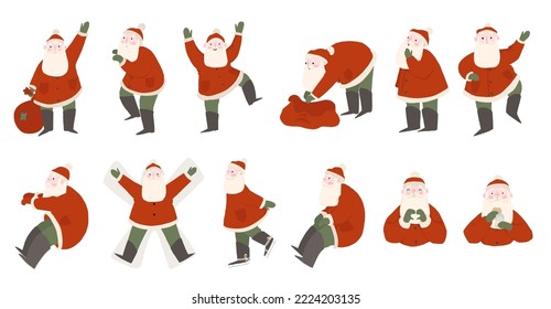 Set of xmas Santa Claus character riding reindeer sleigh, carrying bag with presents, putting gifts into merry christmas socks, writing letters. Flat vector illustration isolated on white background